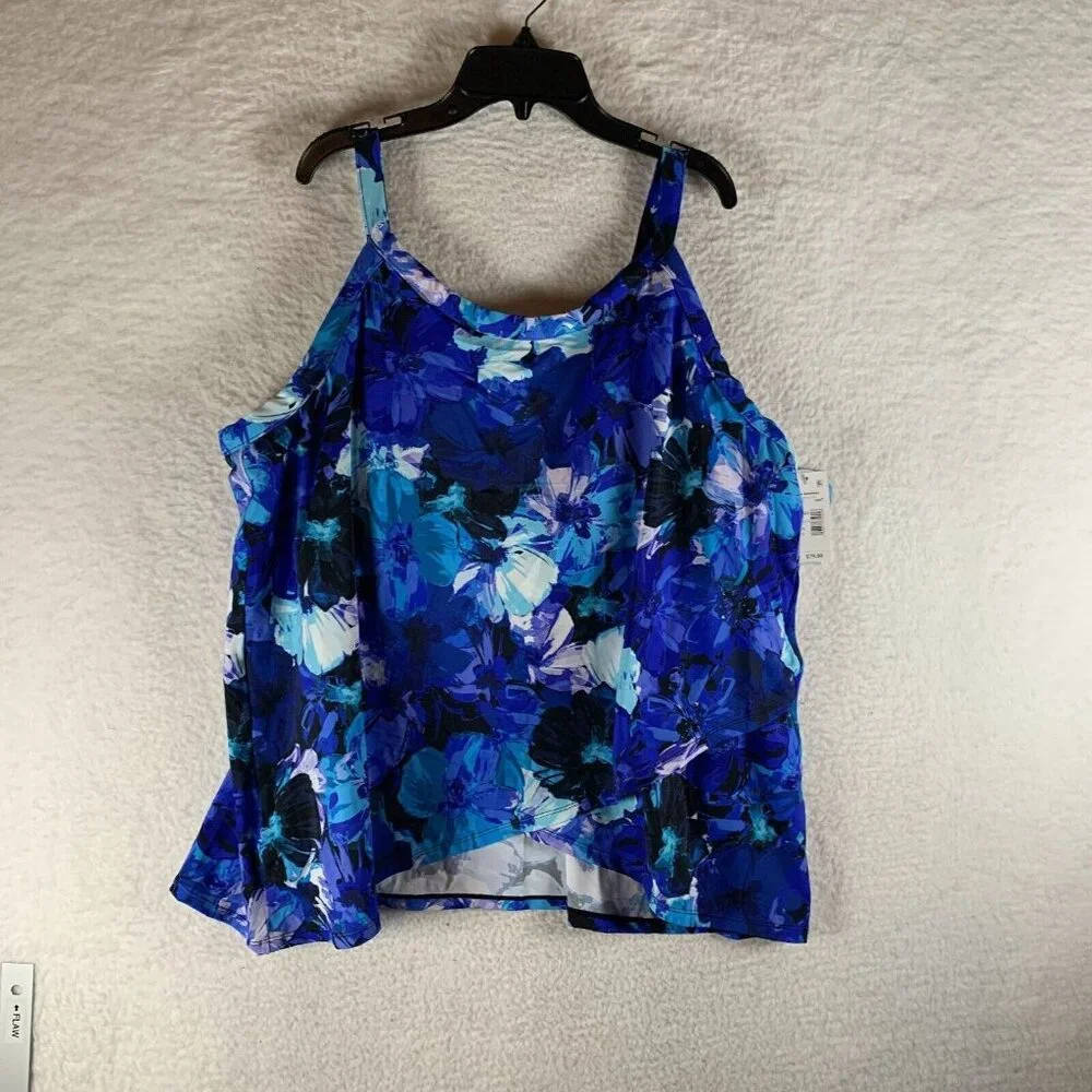 Swim‎ Solutions High-Neck Tankini Top Women's 24W Blue Floral Underwire Swimwear